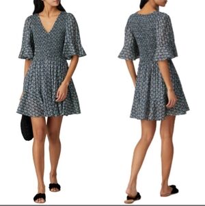 LA VIE Rebecca Taylor XL Blue Floral Smocked Dress Cotton Metallic Boho Mini